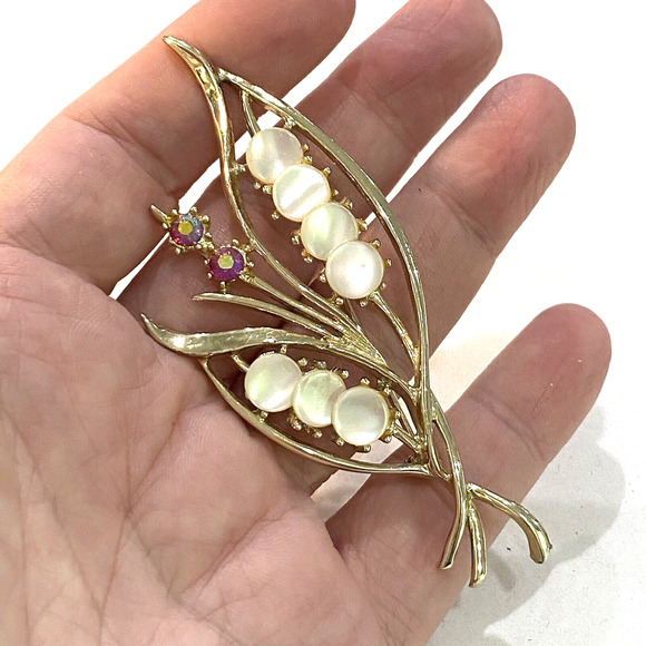 Vintage Mid Century Brooch Goldtone & Opalescent Stone Beads Leaf Shaped Pin - Picture 3 of 8